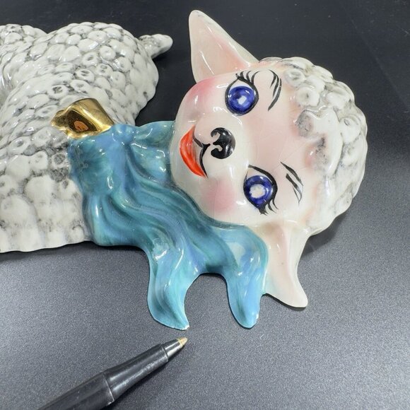 1950s Ceramic Lamb Shell Whimsical Hand Painted Wall Hanging Plaque Figure VTG - Picture 8 of 16